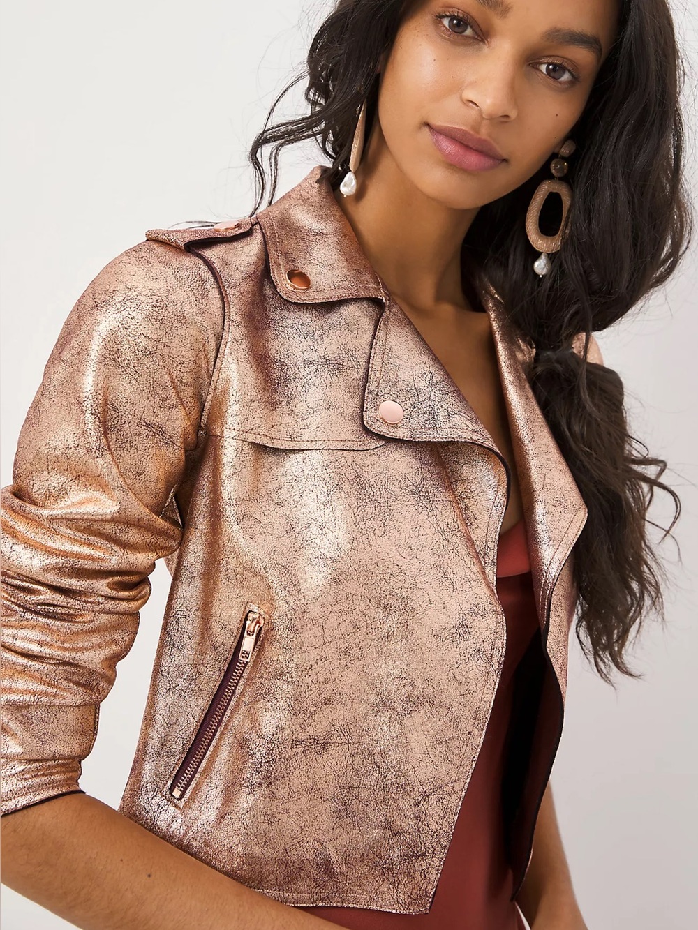 Anthropologie Brisa Metallic Cropped Faux Leather Moto Jacket in Rose Gold